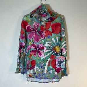 NWT. Claire Desjardins M Linen Floral Hooded Shirt Jacket Shacket Rolltab Sleeve